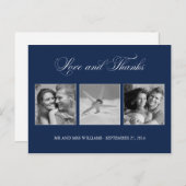 Navy Blue Love and Bedankt Wedding 3-Photo Templat Briefkaart (Voorkant / Achterkant)