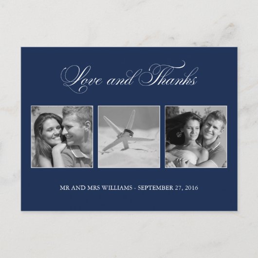 Navy Blue Love and Bedankt Wedding 3-Photo Templat Briefkaart (Voorkant)