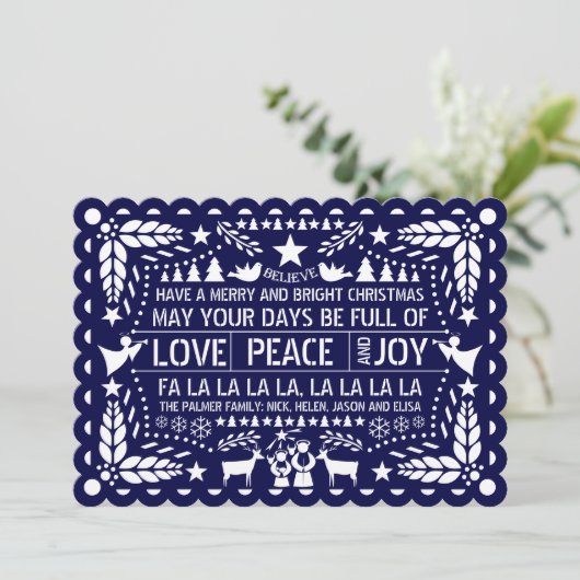 Navy blue Love Peace Joy papel picado Kerstmis Feestdagenkaart (Staand voorkant)