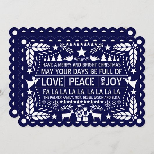 Navy blue Love Peace Joy papel picado Kerstmis Feestdagenkaart (Voorkant / Achterkant)