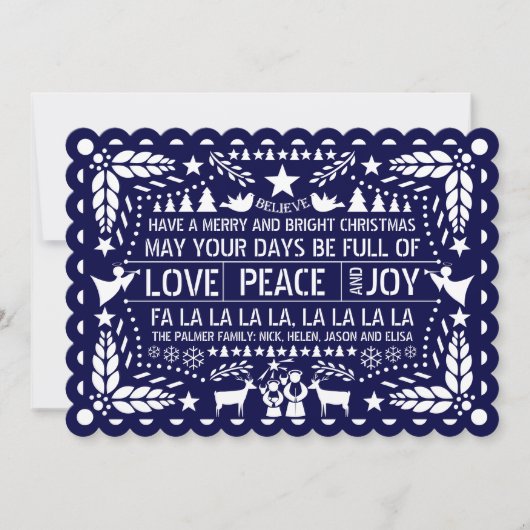 Navy blue Love Peace Joy papel picado Kerstmis Feestdagenkaart (Voorkant)