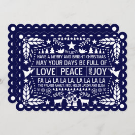 Navy blue Love Peace Joy papel picado Kerstmis Feestdagenkaart