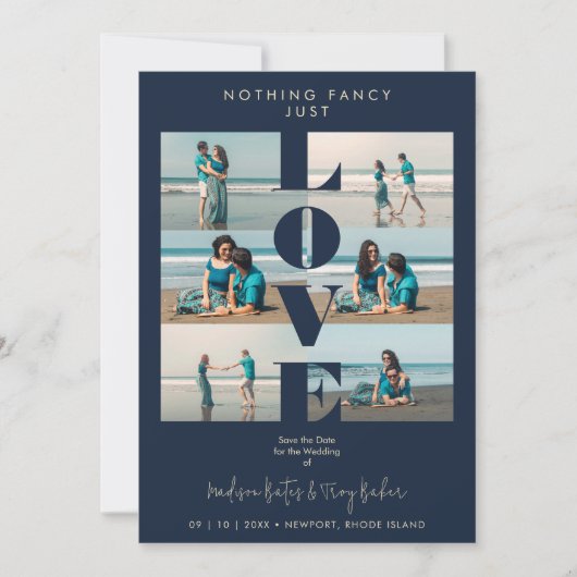 Navy Blue Love Quote Simple Elegant  6 Multi Photo Save The Date (Voorkant)