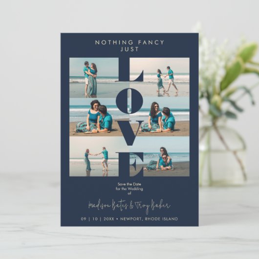 Navy Blue Love Quote Simple Elegant 6 Multi Photo Save The Date (Staand voorkant)