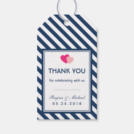 Navy Blue Love Stripes Pattern Wedding Gift Label Cadeaulabel (Voorkant)