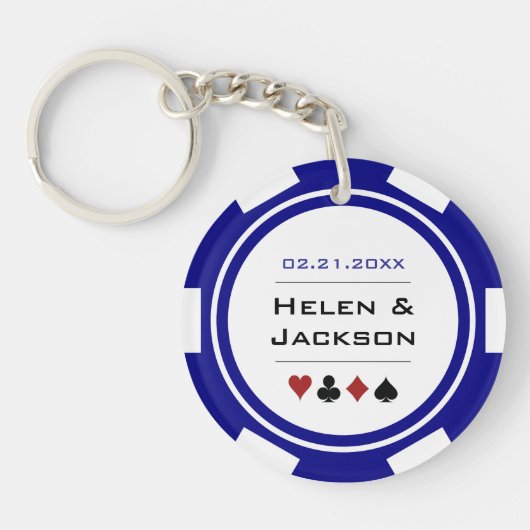 Navy Blue Lucky In Liefde Poker Chip Casino Bruilo Sleutelhanger (Voorkant)
