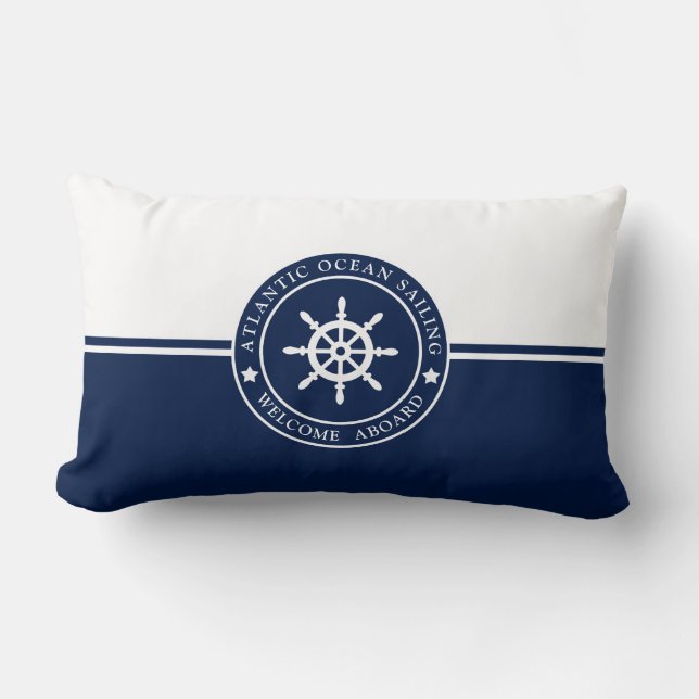 Navy Blue Lumbar Pillow met Ships Wheel Label Kussen (Voorkant)
