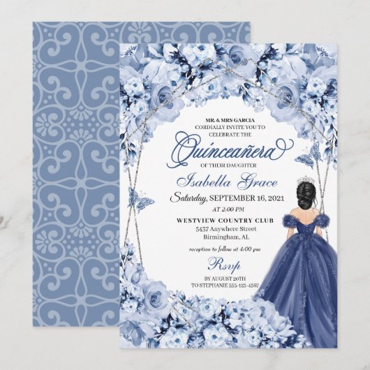 Navy Blue Lush Rozen Princess Quinceañera Kaart (Voorkant / Achterkant)