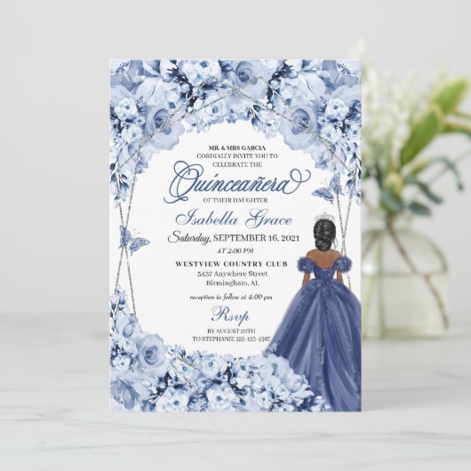 Navy Blue Lush Rozen Princess Quinceañera Kaart (Staand voorkant)