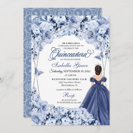 Navy Blue Lush Rozen Princess Quinceañera Kaart (Voorkant / Achterkant)