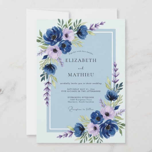 Navy Blue Lush Spring Wedding Kaart (Voorkant)