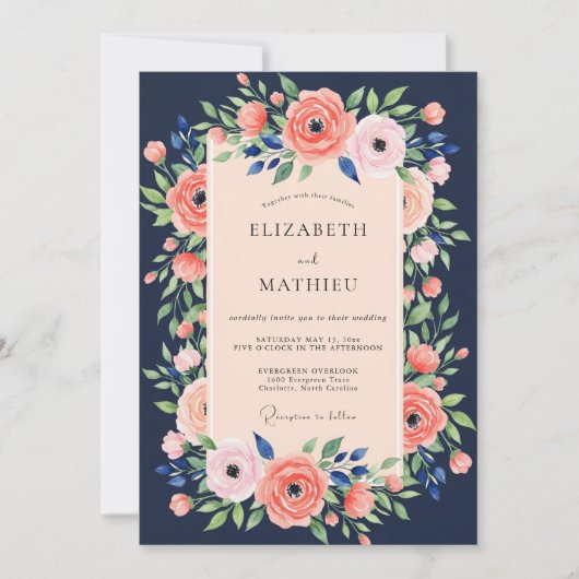 Navy Blue Lush Summer Wedding Kaart (Voorkant)