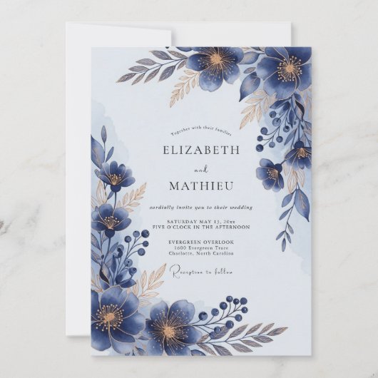 Navy Blue Lustrous Floral Wedding Kaart (Voorkant)