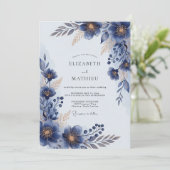 Navy Blue Lustrous Floral Wedding Kaart (Staand voorkant)
