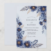 Navy Blue Lustrous Floral Wedding Kaart (Voorkant / Achterkant)