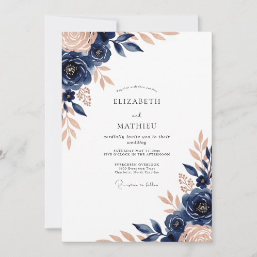 Navy Blue Luxe Botanical Wedding Kaart (Voorkant)