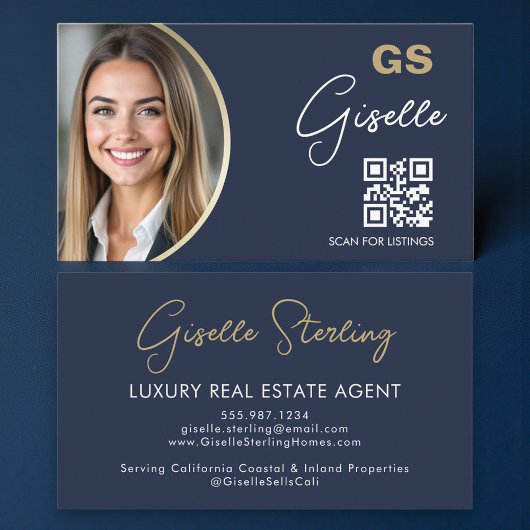 Navy Blue Luxury Real Estate Agent QR Code Photo  Visitekaartje