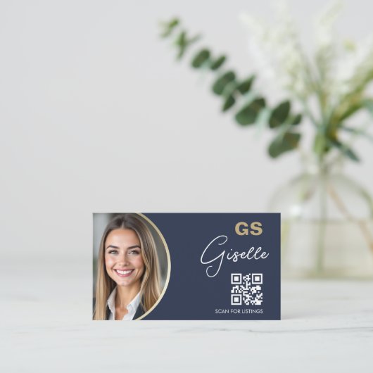 Navy Blue Luxury Real Estate Agent QR Code Photo  Visitekaartje (Staand voorkant)