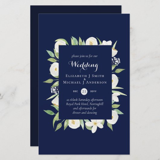 Navy Blue Magnolia Budget Wedding nodigt A9 uit (Voorkant / Achterkant)