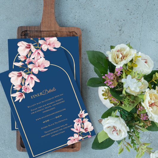 Navy Blue Magnolia Floral Wedding Details Informatiekaartje