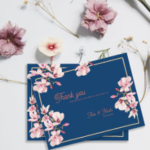 Navy Blue Magnolia Floral Wedding Thank You