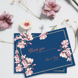 Navy Blue Magnolia Floral Wedding Thank You Briefkaart