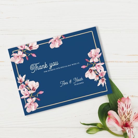 Navy Blue Magnolia Floral Wedding Thank You Briefkaart