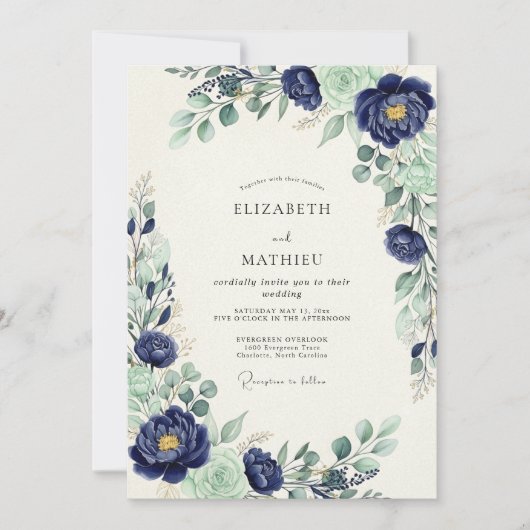 Navy Blue Majestic Botanical Wedding Kaart (Voorkant)