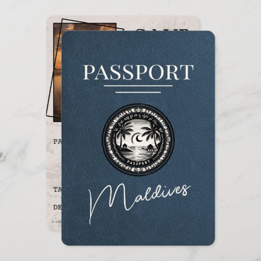 Navy Blue Maldives Passport Bewaar de datum Save The Date (Voorkant / Achterkant)