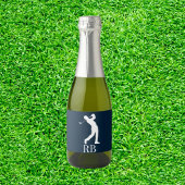 Navy Blue Man Golfer Monogram Sparkling Wijnetiket