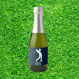 Navy Blue Man Golfer Monogram Sparkling Wijnetiket