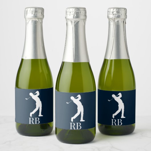 Navy Blue Man Golfer Monogram Sparkling Wijnetiket (Flessen)
