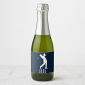 Navy Blue Man Golfer Monogram Sparkling Wijnetiket (Voorkant)