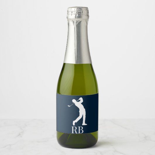 Navy Blue Man Golfer Monogram Sparkling Wijnetiket (Voorkant)