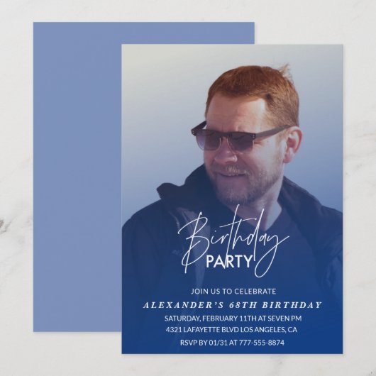 Navy blue Mannen Foto 68e verjaardagsfeest Invitat Kaart (Voorkant / Achterkant)