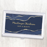 Navy Blue Marble Agate Geode Gold Glitter Visitekaarthouder<br><div class="desc">Elegant marineblauw agaat marmeren ontwerp met faux gouden glitter. Ideaal voor haar en make-up kunstenaars,  schoonheid en nagelsalons en nog veel meer. Wijzig de details om aan te passen.</div>