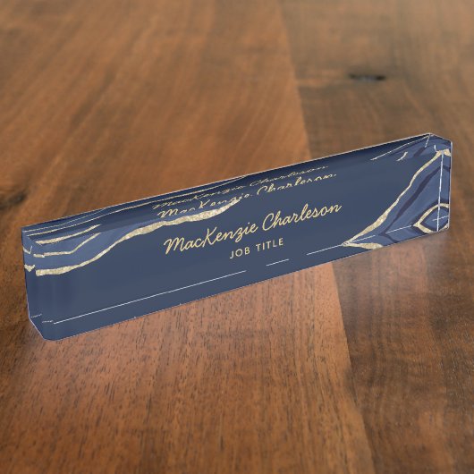 Navy Blue Marble Agate Gold Glitter Professional Naambordje (Zijkant)