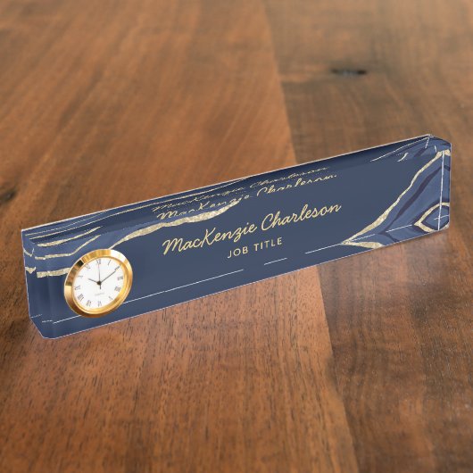 Navy Blue Marble Agate Gold Glitter Professional Naambordje (Zijkant)