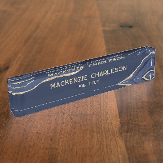 Navy Blue Marble Agate Gold Glitter Professional Naambordje (Zijkant)