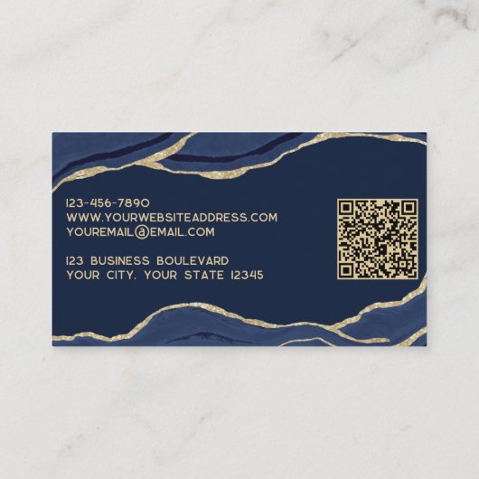 Navy Blue Marble Agate Gold Glitter QR Code Busine Visitekaartje (Achterkant)