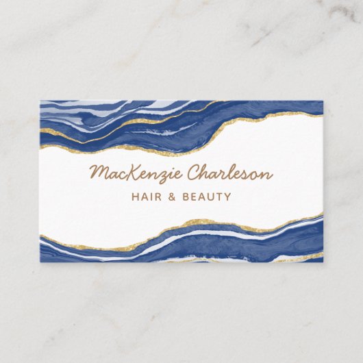 Navy Blue Marble Agate Gold Glitter QR Code Visitekaartje (Voorkant)