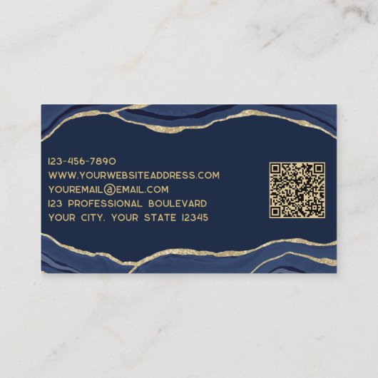Navy Blue Marble Agate Gold Glitter QR Code Visitekaartje (Achterkant)