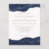 Navy Blue Marble Agate Gold Glitter Wedding Invite Briefkaart (Voorkant)