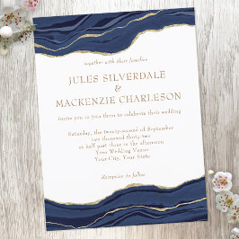 Navy Blue Marble Agate Gold Glitter Wedding Invite Briefkaart