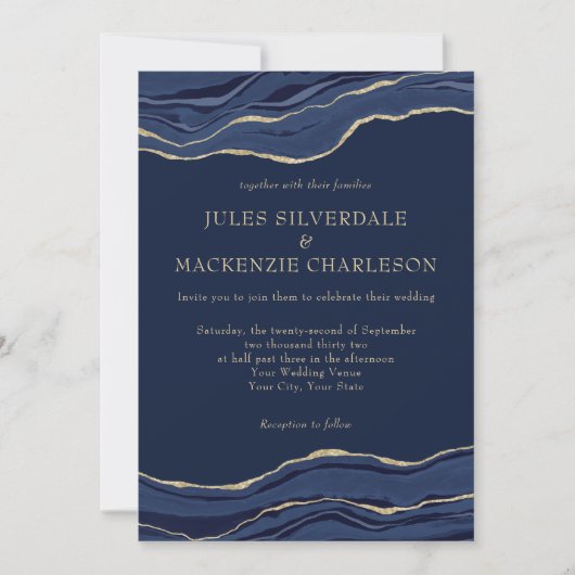Navy Blue Marble Agate Gold Glitter Wedding Kaart (Voorkant)