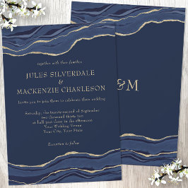 Navy Blue Marble Agate Gold Glitter Wedding Kaart