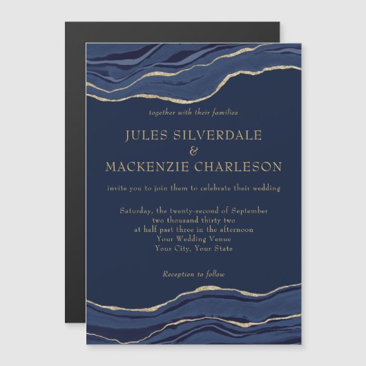 Navy Blue Marble Agate Gold Glitter Wedding Magnetische Uitnodiging (Voorkant / Achterkant)