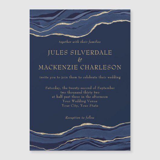 Navy Blue Marble Agate Gold Glitter Wedding Magnetische Uitnodiging (Voorkant)