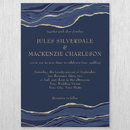 Navy Blue Marble Agate Gold Glitter Wedding Magnetische Uitnodiging