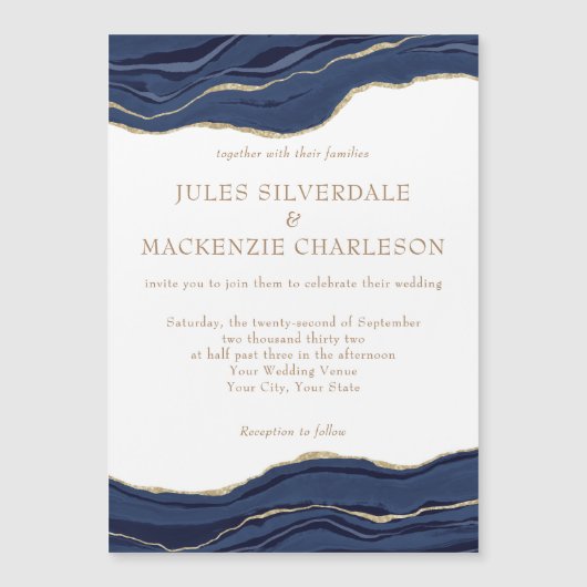Navy Blue Marble Agate Gold Glitter Wedding Magnetische Uitnodiging (Voorkant)